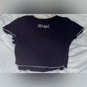 ANGEL EMBROIDERED LETTUCE EDGE CROPPED TOP PLUS SIZE